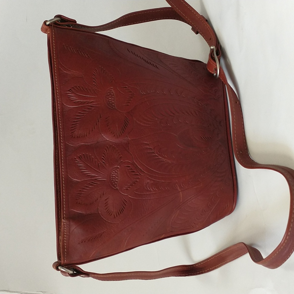 Brown Leather Bag with Patterned Interior